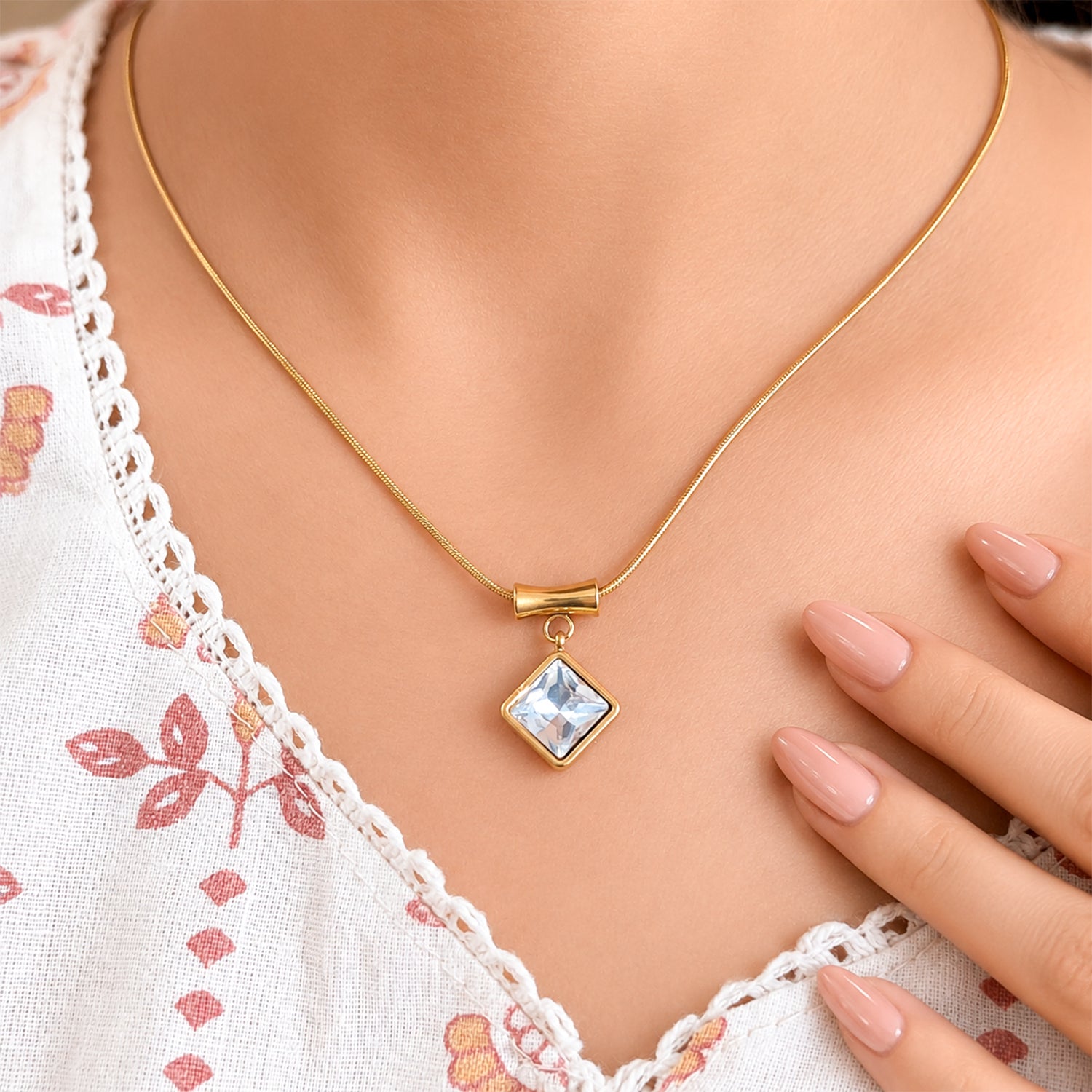 Square Zircon Pendant with Drum Connector For Girls & women