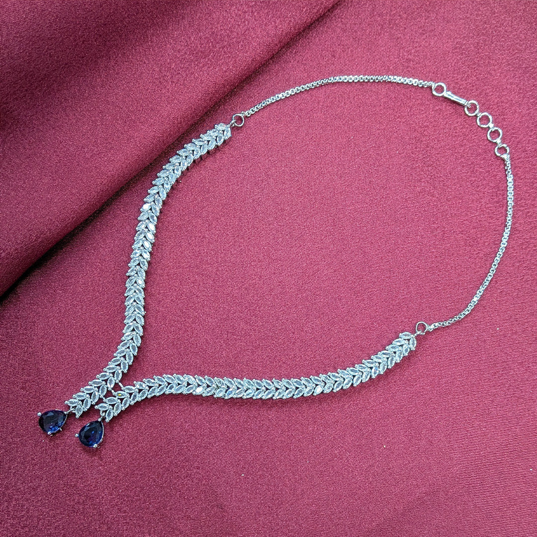 Silver Finish Leaf Design AD Teardrop Stones Necklace Set for Girls & Women