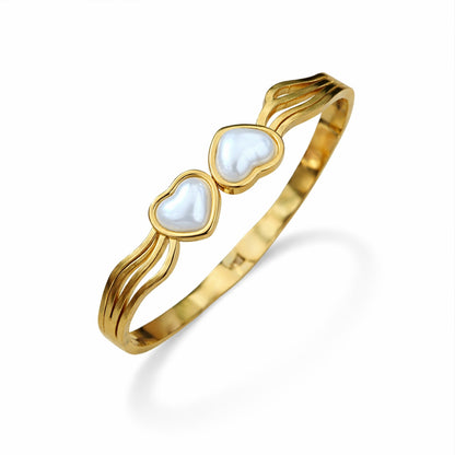 18K Gold Plated Double Heart Pearl Open Cuff Bracelet for Women & Girls