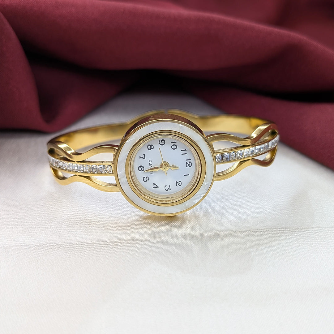 Elegant Analog AD Studded Wavy Crystal Lines Design Band Bracelet Watch For Girls & Women