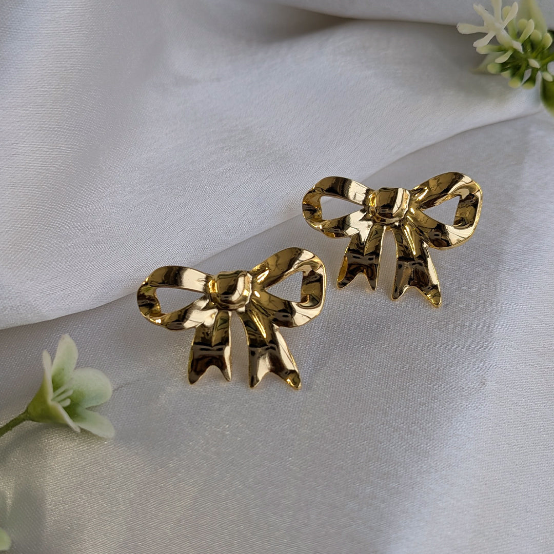 Sculptural Gold Bow Stud Earrings For Girls & Women (Anti-Tarnish)