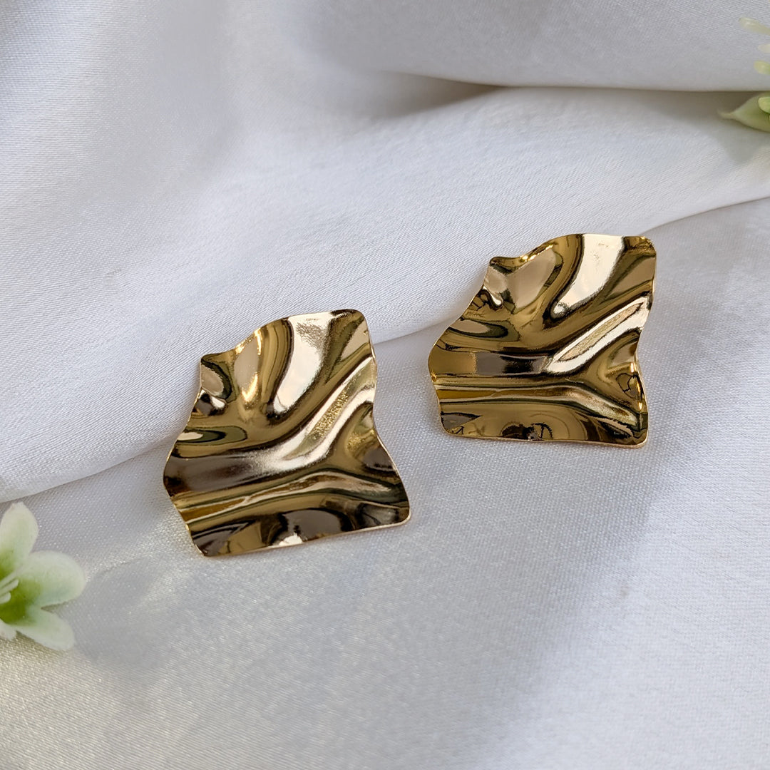 Gold Tone Abstract Wave Stud Earrings For Girls & Women (Anti-Tarnish)