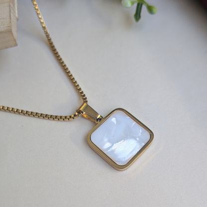 Gold Plated Square White Shell Pendant For Girls & Women