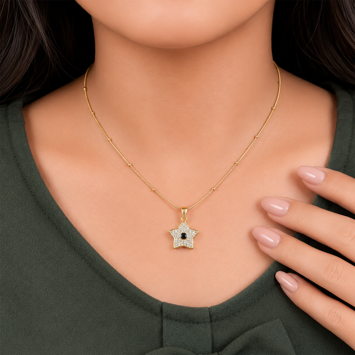 Star Central Stone Accented Beaded Chain Pendant for Girls & Women's