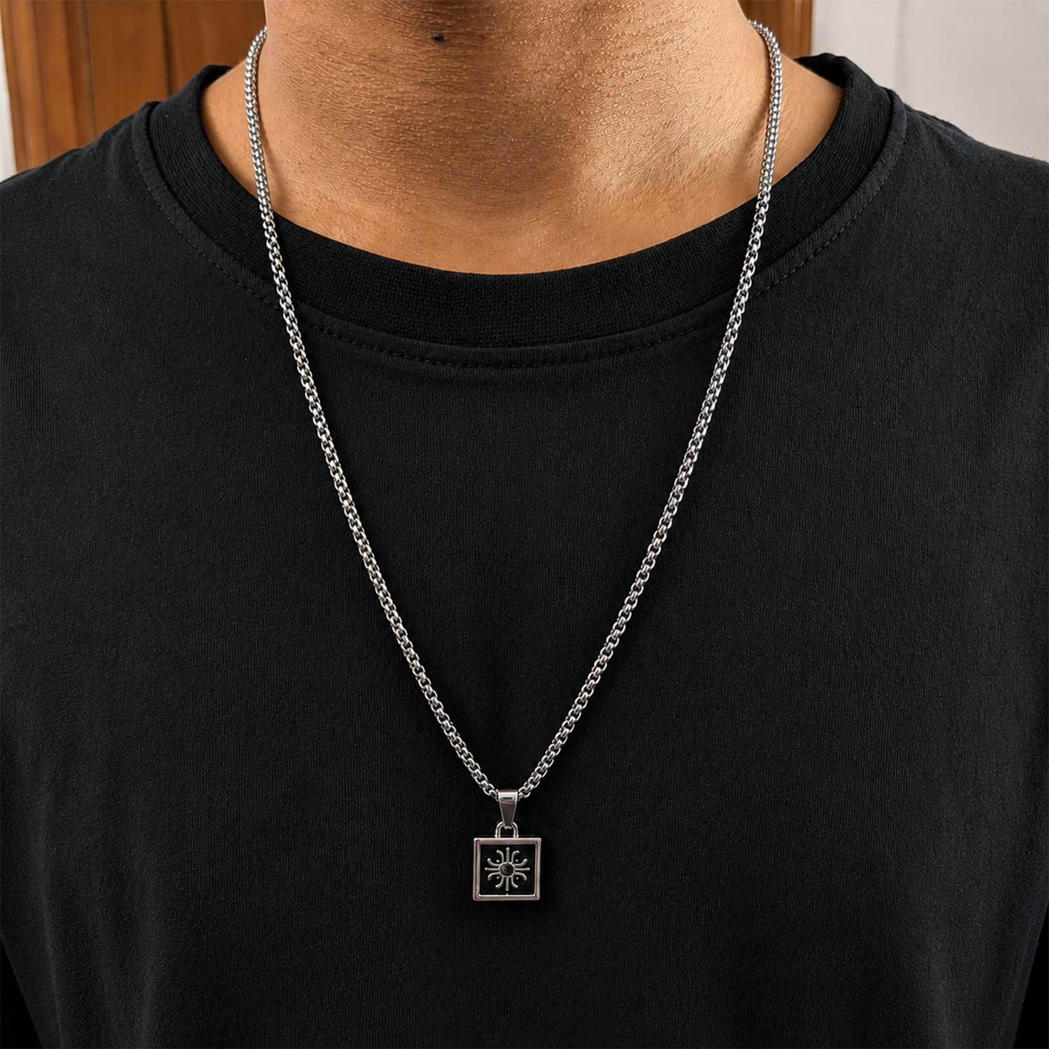 Square Sun Power With Green Stone Pendant for Men & Boys