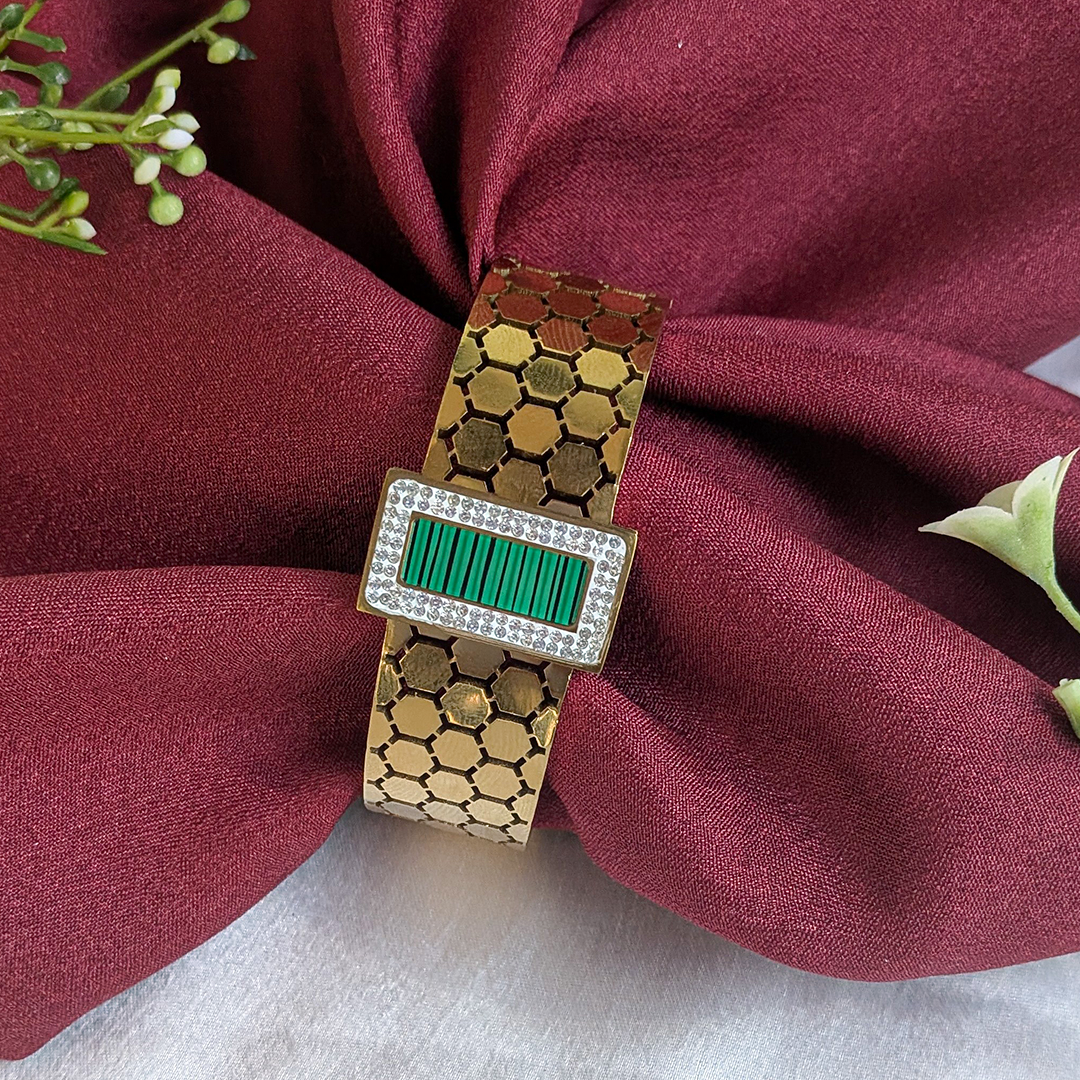 18K Gold Plated Hexa-Cut Cuff Bracelet with Green Enamel Centerpiece (Anti Tarnish)