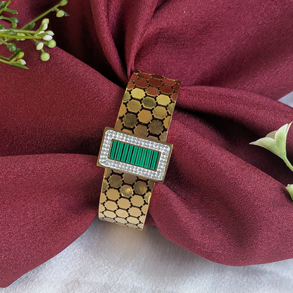 18K Gold Plated Hexa-Cut Cuff Bracelet with Green Enamel Centerpiece (Anti Tarnish)