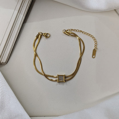 Gold Finish Pave Square Centerpiece Double Chain Bracelet For Girls & Women (Anti-Tarnish)