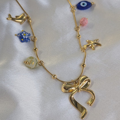 18K Gold Plated Glamorous Bow with Evil Eye Charm Pendant (Anti Tarnish)