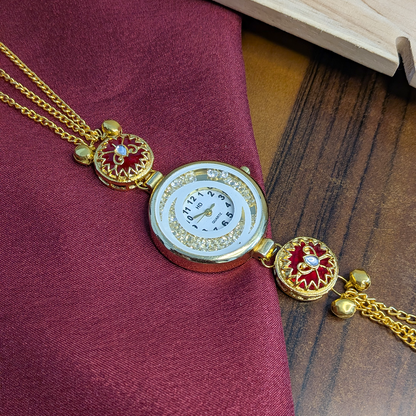 Women’s Gold-Tone Kashmiri Watch with Red Stone Design