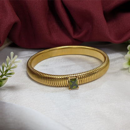 Gold Finish Kada Style Coil Bracelet With Cubic AD Stone For Girls & Women