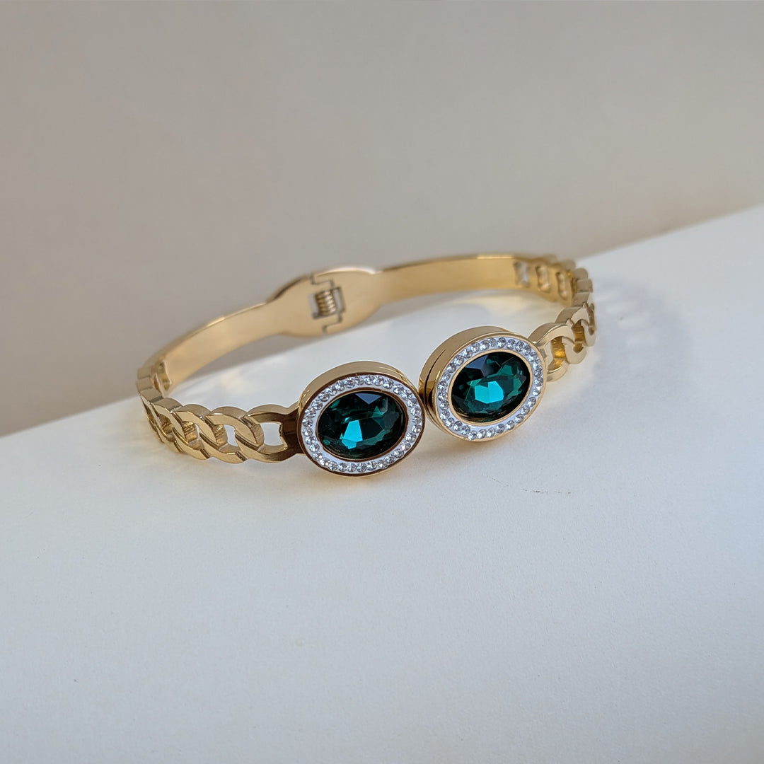 Gold Tone Oval Emerald Crystal Cuff Bracelet For Girls & Women
