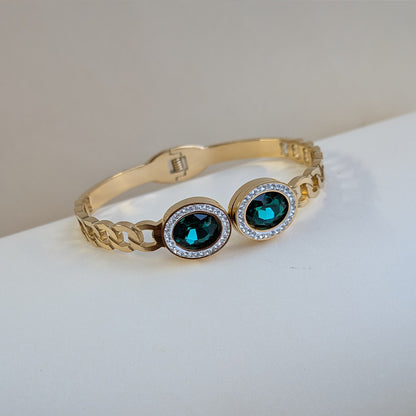 Gold Tone Oval Emerald Crystal Cuff Bracelet For Girls & Women