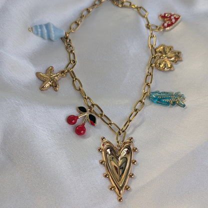 18K Gold Plated Cherry & Seashell Charm Pendant (Anti Tarnish)