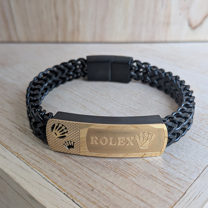 Rolex Brand Inspired Black Woven Stainless Steel Bracelet With Clasp For Men