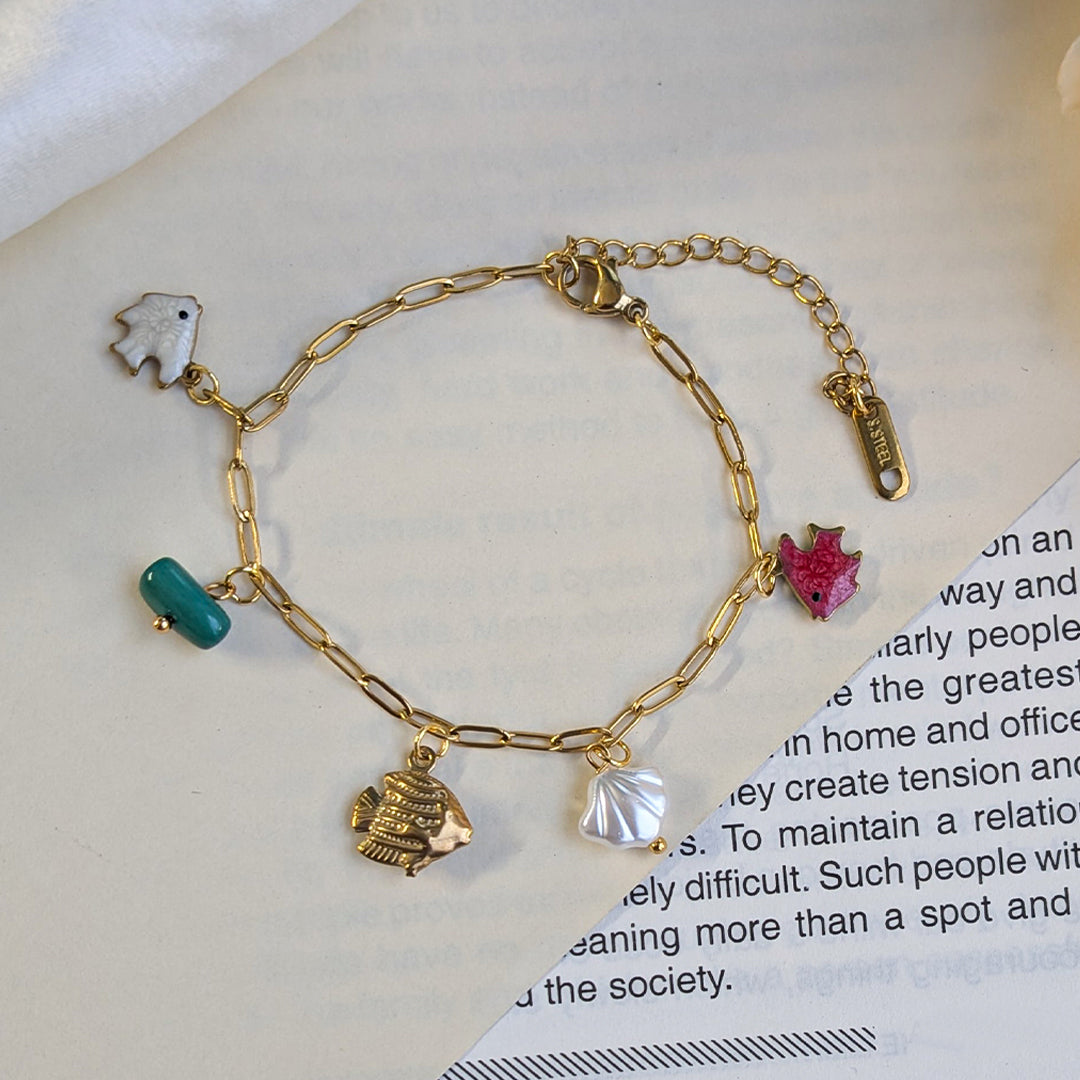Gold Plated Ocean Charm Bracelet with Fish, Shell & Bead Charms for Girls & Women