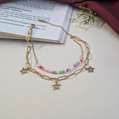 Double Layer Gold Finish Star With Colorful Bead Anklet For Girls & Women