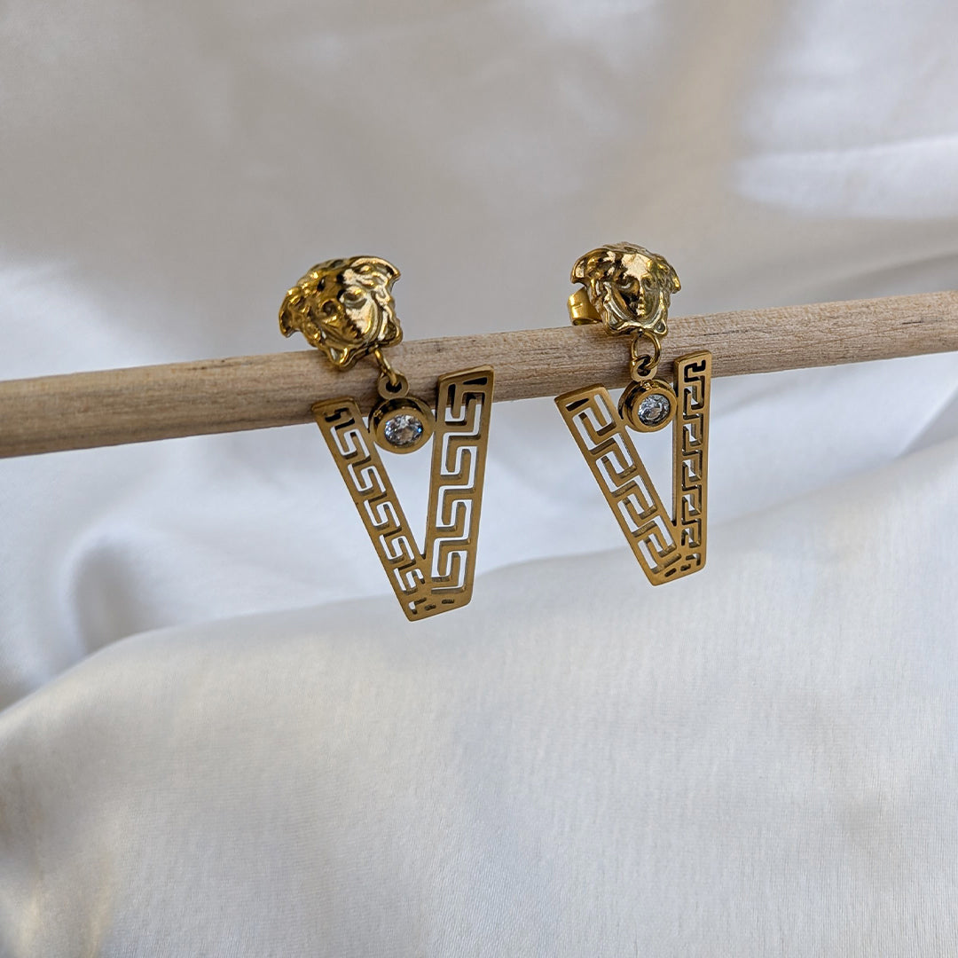 Gold Tone Elegant Greek Key Pattern Statement Earrings for Girls & Women