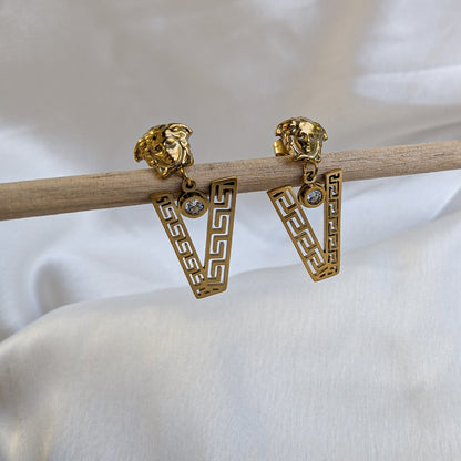 Gold Tone Elegant Greek Key Pattern Statement Earrings for Girls & Women