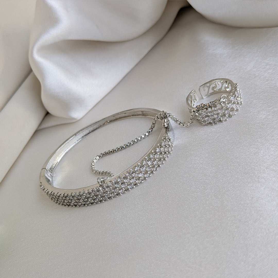 Elegant Silver Finish Four Line AD (American Diamond) Finger Ring Bracelet for Girls & Women