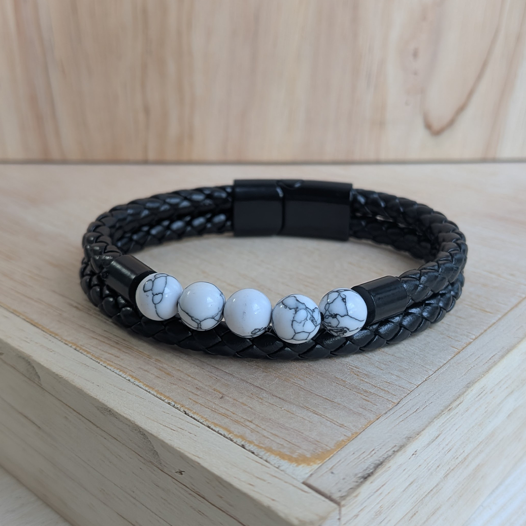 Premium Black Braided Leather Bracelet With Beads For Men
