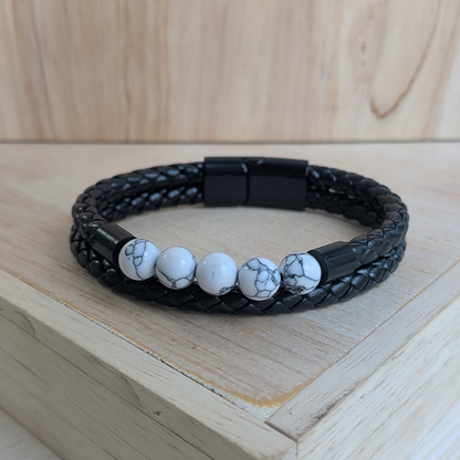 Premium Black Braided Leather Bracelet With Beads For Men