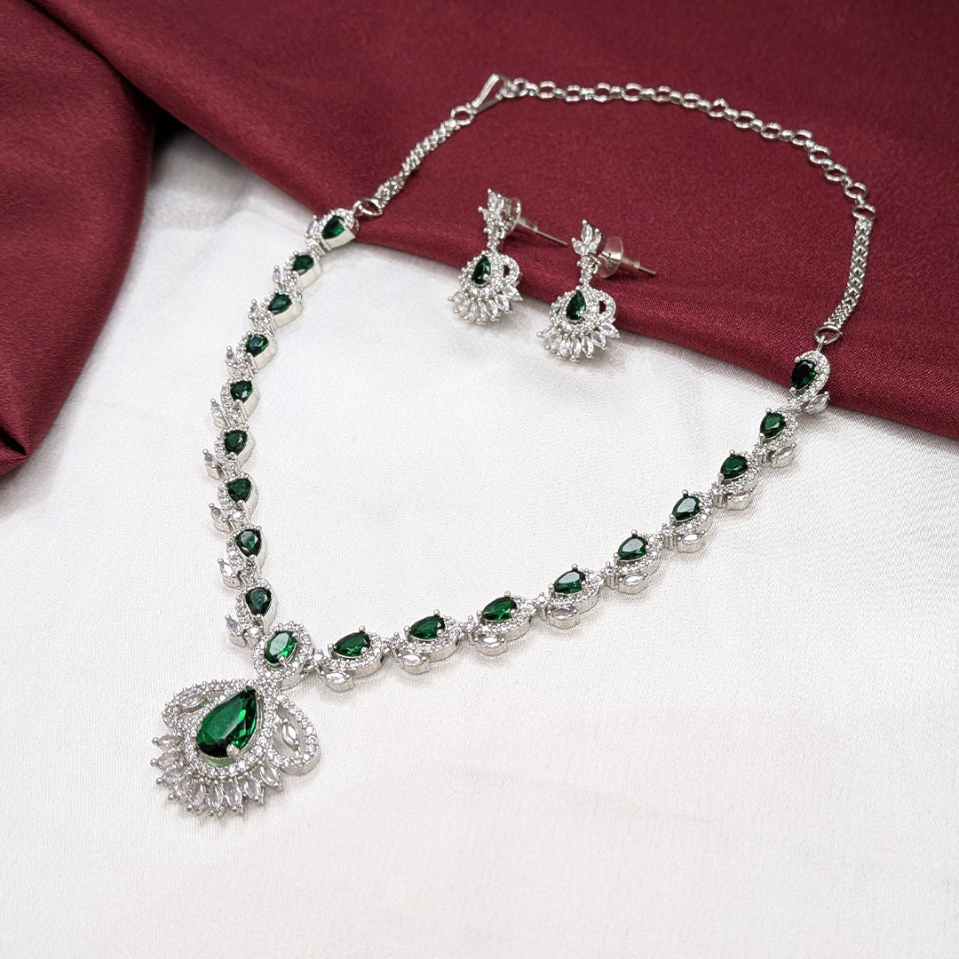 American Diamond Leaf & Teardrop Pattern Necklace Set with Earrings