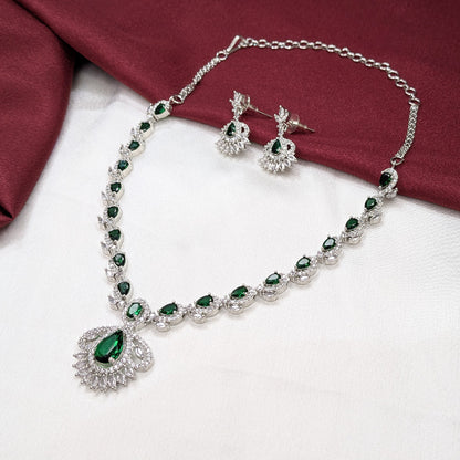 American Diamond Leaf & Teardrop Pattern Necklace Set with Earrings