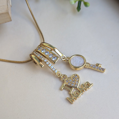 Gold Plated “I Love Mama” & Key Charm Crystal Pendant For Girls & Women