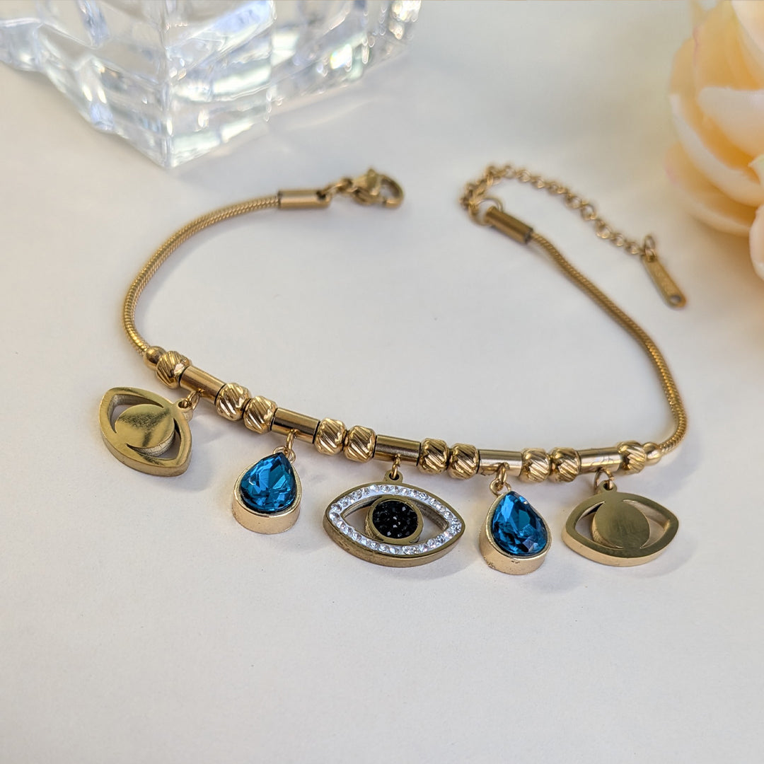Gold Plated Evil Eye & Blue Teardrop Charm Snake Chain Bracelet