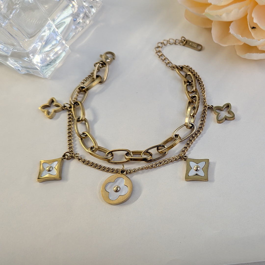 Gold Plated Link & Cable Chain With Enamel Floral Charms For Girls & Women