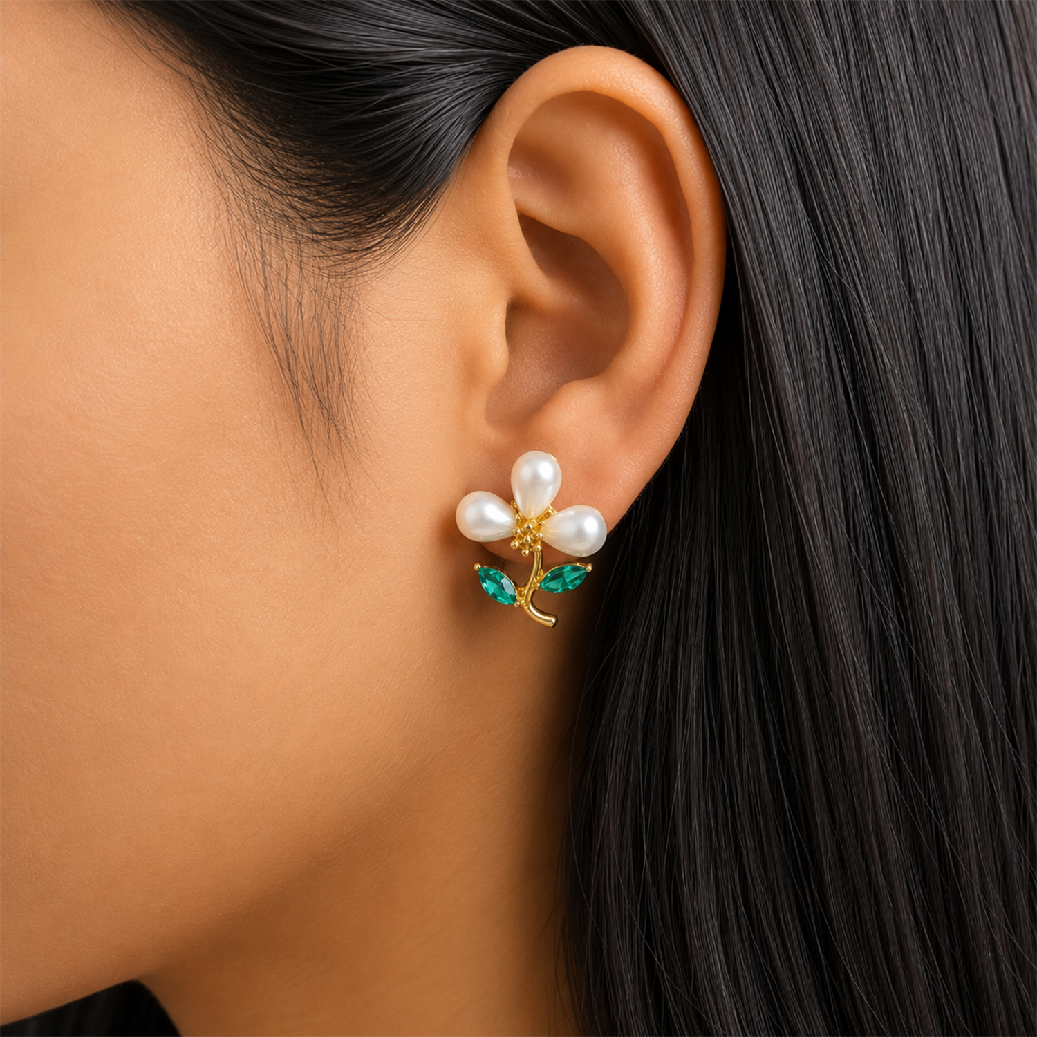Green Leaves Daisy Pearl Floral Stud Earrings For Girls & Women