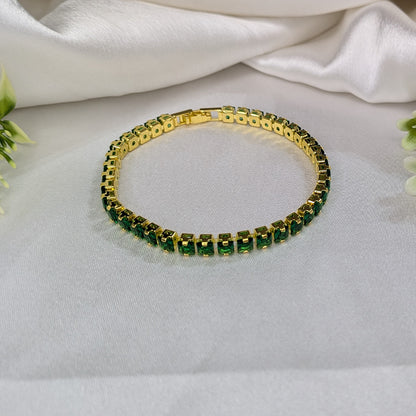 Gold Tone Tennis Bracelet With Emerald Green Gemstones For Girls & Women