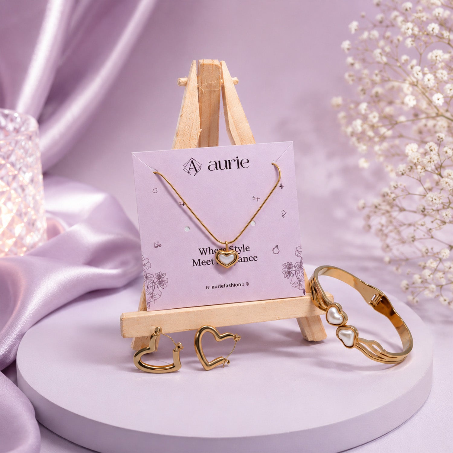 Gold Finish Heart Necklace, Heart Design Bracelet & Hoop Earrings Jewellery Gift Box