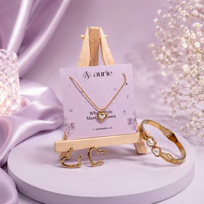 Gold Finish Heart Necklace, Heart Design Bracelet & Hoop Earrings Jewellery Gift Box