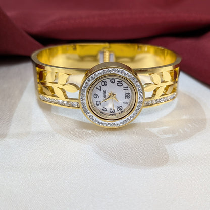Classic Analog AD Studded Leaves Design Band Bracelet Watch For Girls & Women