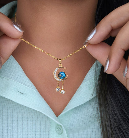 Gold Plated Blue Stone Crescent Moon & Star Pendant Necklace for Women & Girls