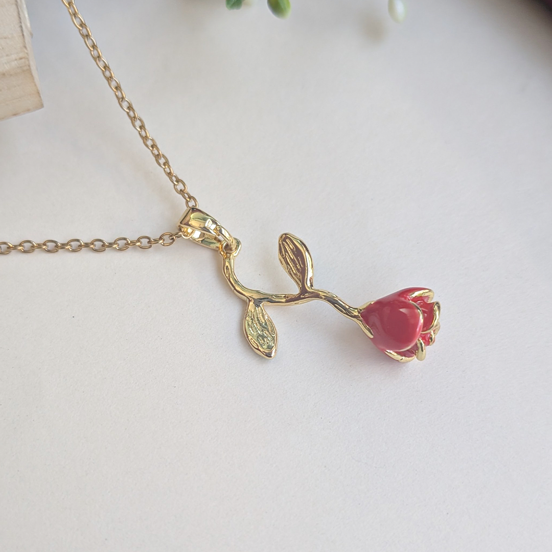 Gold Plated Red Enamel Rose Flower Pendant For Girls & Women