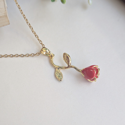 Gold Plated Red Enamel Rose Flower Pendant For Girls & Women