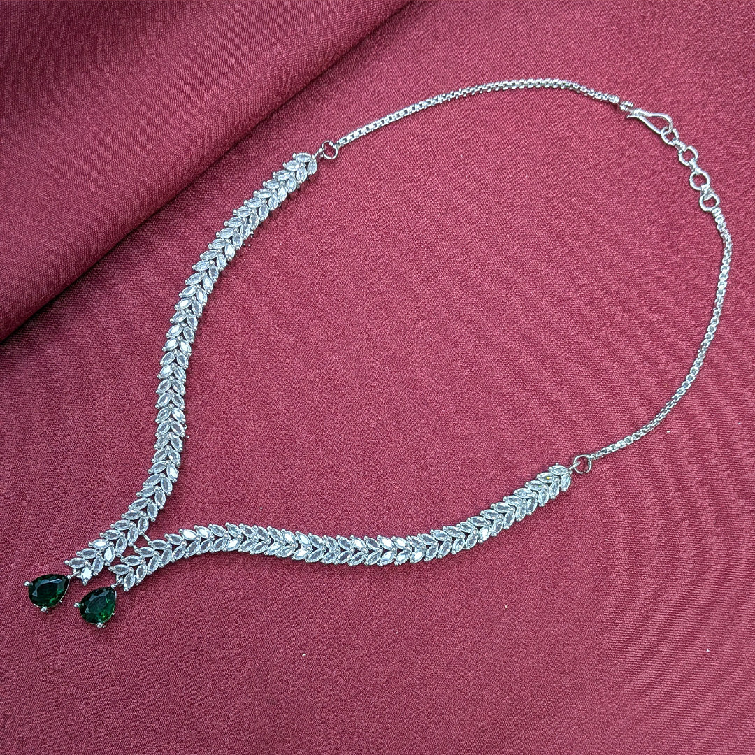 Silver Finish Leaf Design AD Teardrop Stones Necklace Set for Girls & Women