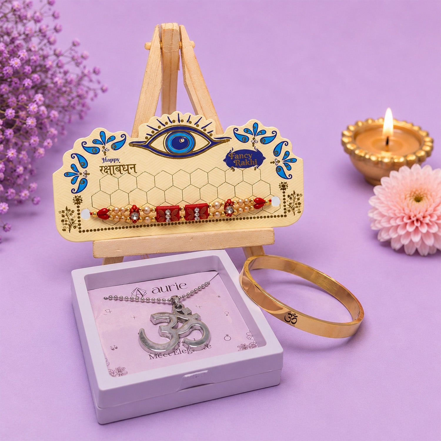 Premium Rakhi Combo with Om Pendant Necklace, Gold Finish Kada Bracelet & Designer Rakhi Gift Box