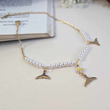 Gold Finish Dolphin Tail & Daisy Charm Pearl Anklet For Girls & Women