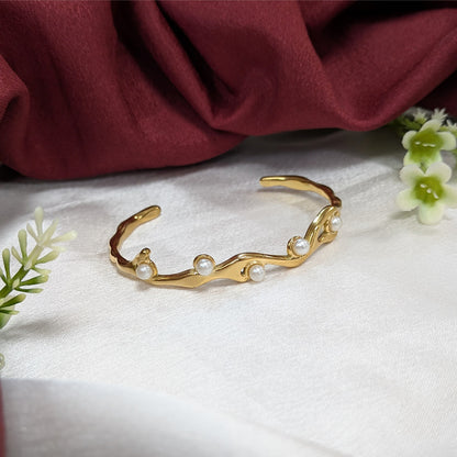Gold Finish Organic Wavy Pearl Cuff Bracelet For Girls & Women