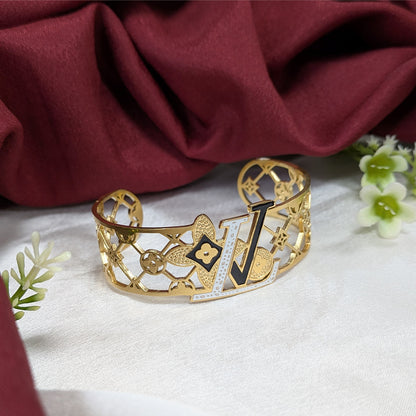 Gold Finish Brand Inspired Cutout Cuff Bracelet For Girls & Women
