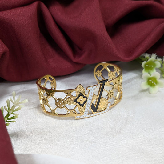 Gold Finish Brand Inspired Cutout Cuff Bracelet For Girls & Women