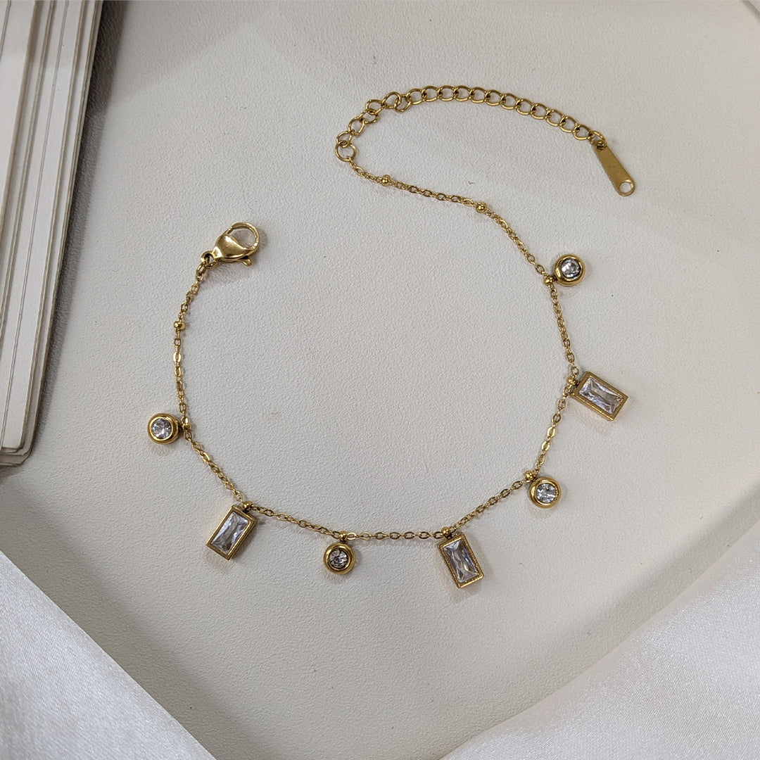 Gold Finish Rectangular & Round Gems Accent Chain Bracelet For Women (Anti-Tarnish)