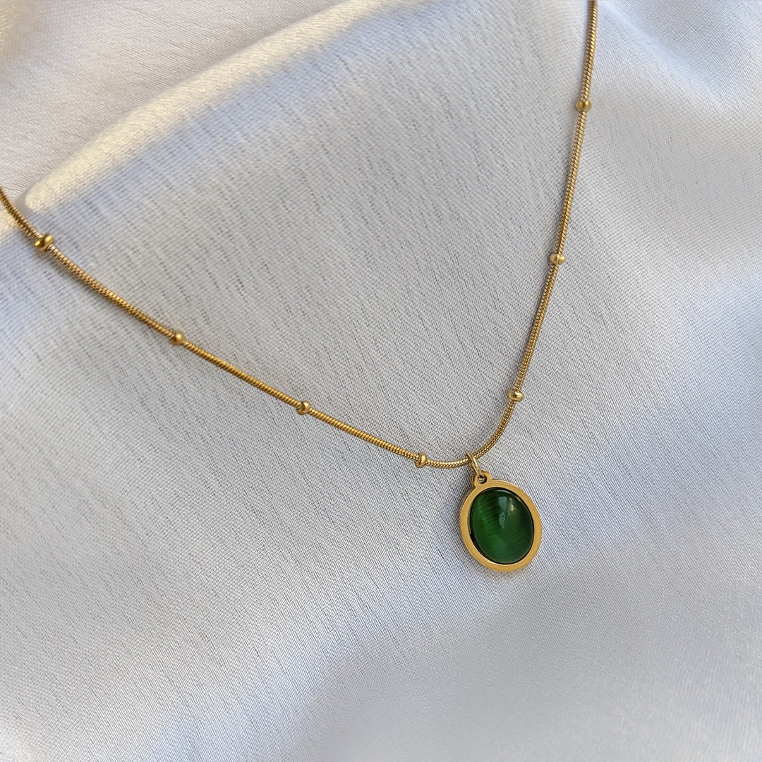 Gold Plated Green Oval Stone Chain Pendant For Girls & Women