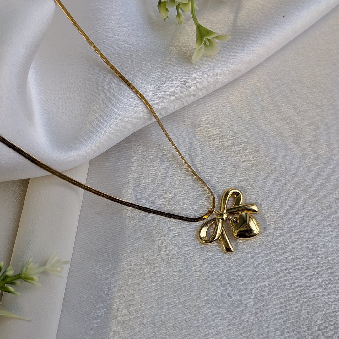 Elegant Ribbon Bow Pendant Necklace with Heart Drop For Girls & Women