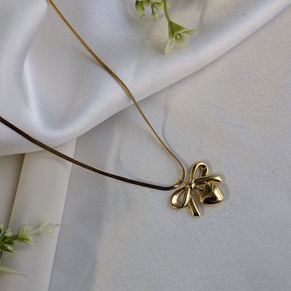 Elegant Ribbon Bow Pendant Necklace with Heart Drop For Girls & Women