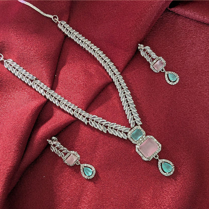 AD Luxe Square & Teardrop Gemstone Necklace With Matching Earrings For Women